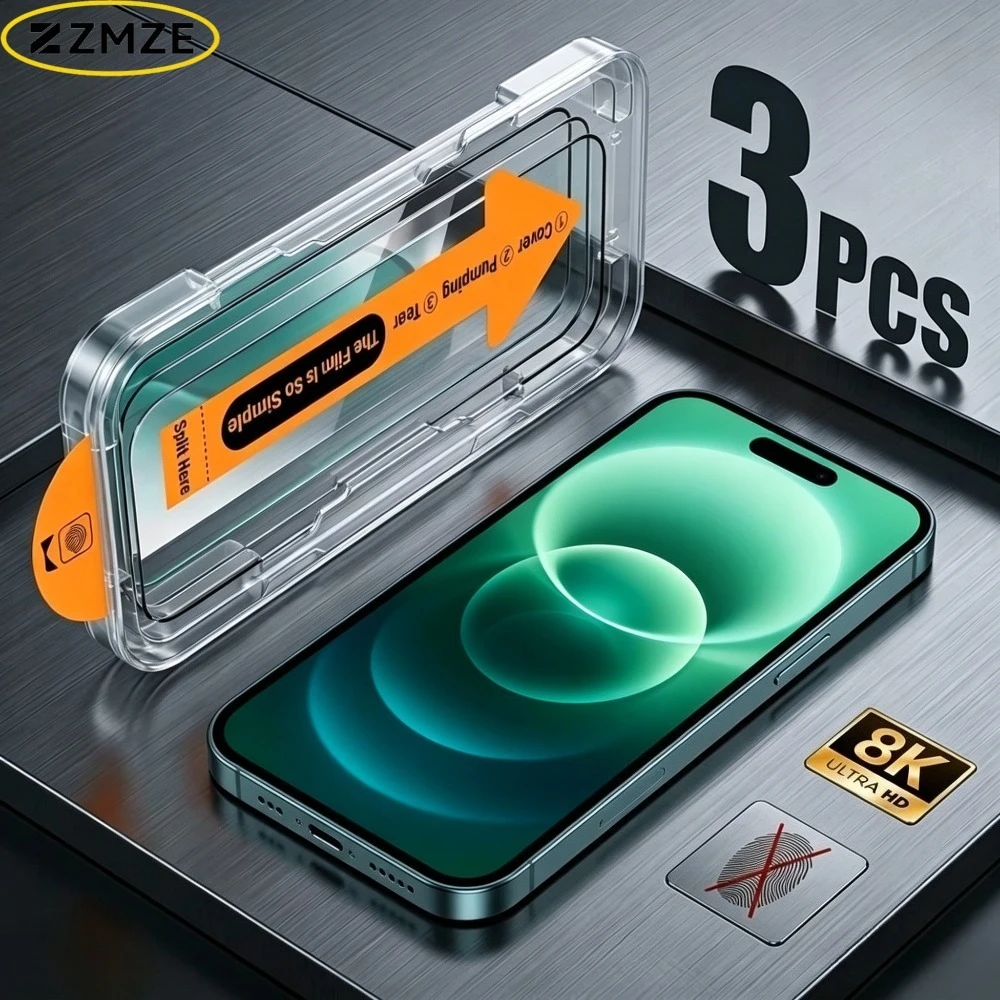 

3Pcs Full Cover Screen Protector for iPhone 17 15 16 14 13 Pro Max 17e 16e 12 11 Pro Air 14 15 Plus Dust Free Installation Glass