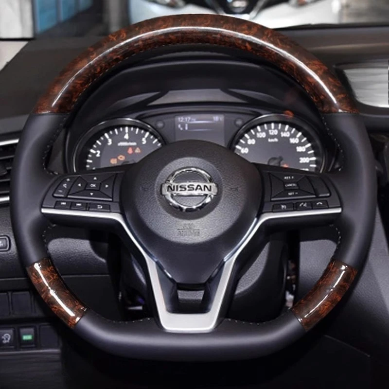 

For Nissan X-Trail Qashqai Serena Altima Teana 2017-2019 Hand-stitched Peach wood grain Genuine Leather car steering wheel cover