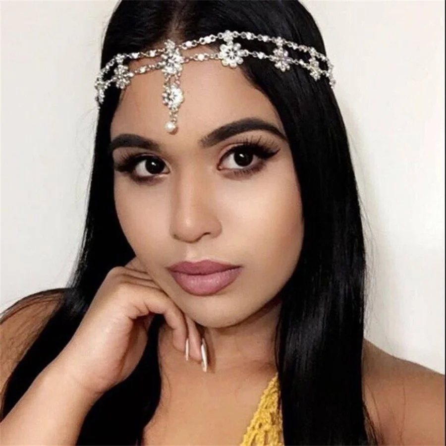 Bohemia Sweet Wedding Headpiece Crystal Bridal Head Chain Tiara Hair Jewelry for Women Rhinestone Forehead Headband Accessories