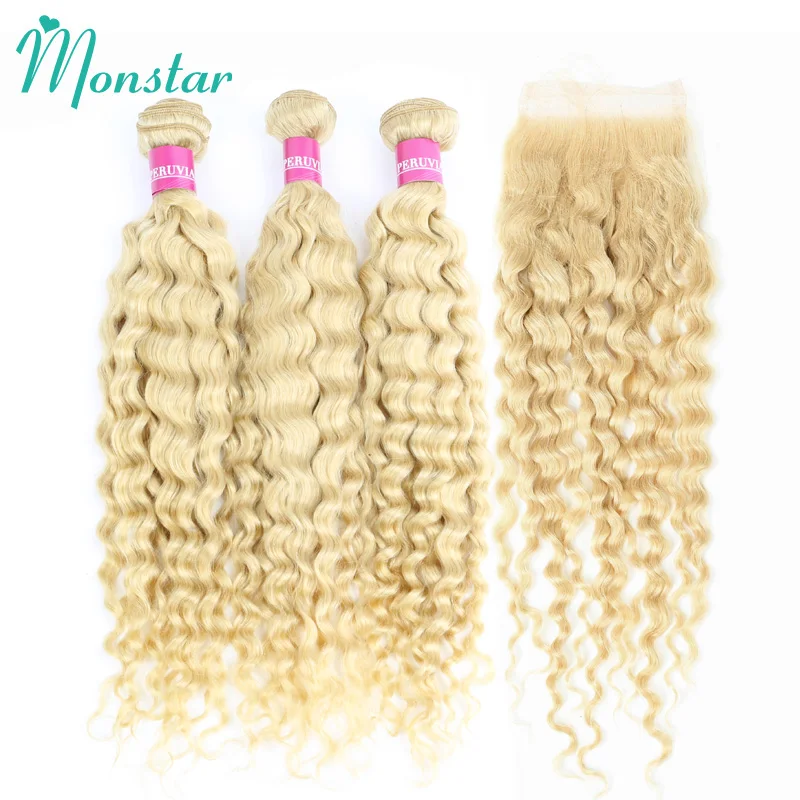 Mèches Deep Wave Brésiliennes Naturelles avec Closure, Cheveux Bouclés, Blond 613, 4x4, 13x4, 613