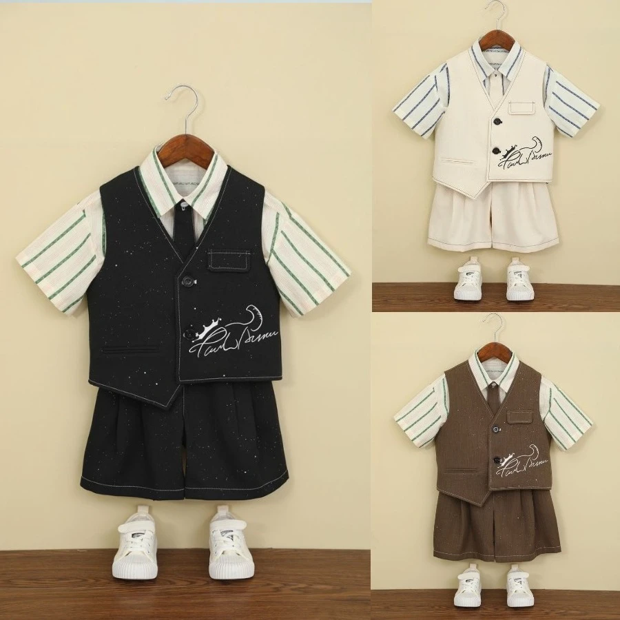 School Boys Summer Sparkle Vest Shorts Suit Set Script Embroidery with Short Sleeve Striped Shirt Kids Stage Performance Outfit