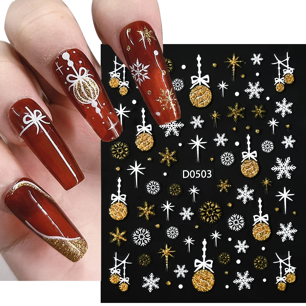 1Pc Goud Zilver Glitter Sneeuwvlok Nagelsticker 3d Kerst Sparkly Lint Bells Elanden Lijm Sliders Winter Manicure Decoratie