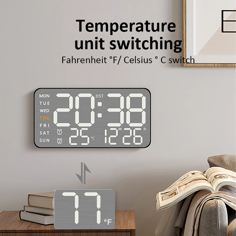 Mirror Brushed Finish Wall Clock Premium Feel Silent Wall Clock Table Alarm Clock Temp Display Bedroom Office Living Room Decor