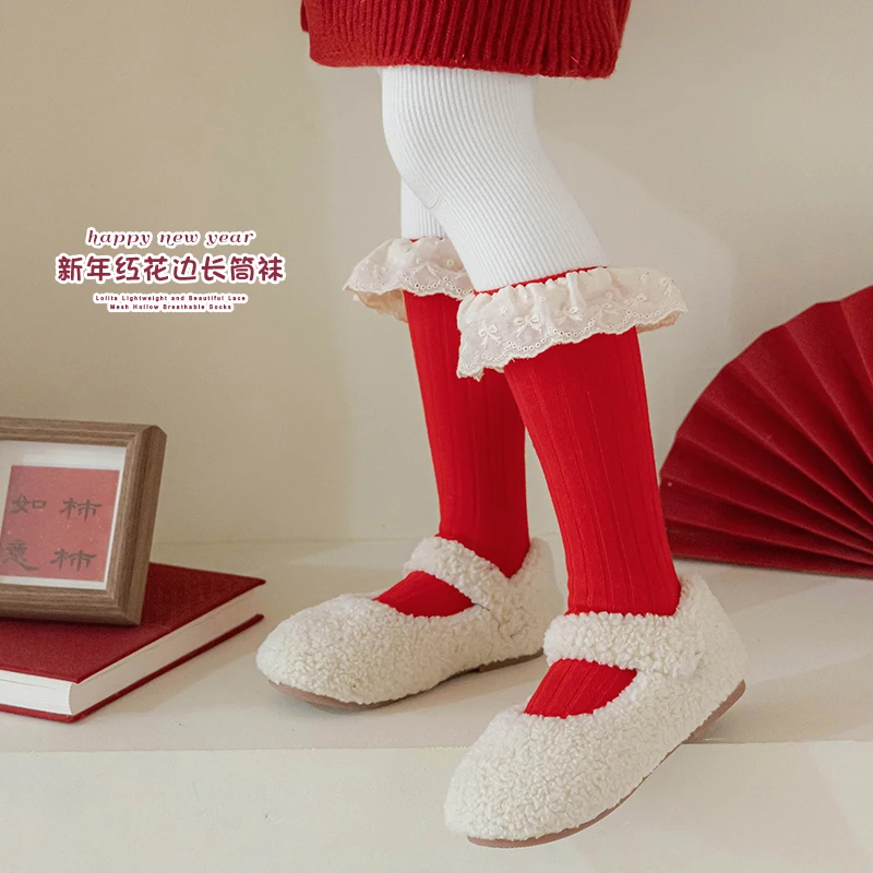 Festive Red Long Stockings For Sweet Girls Christmas New Year Collection Decorated With Bow Ornament Stretch Skin Friendly Socks