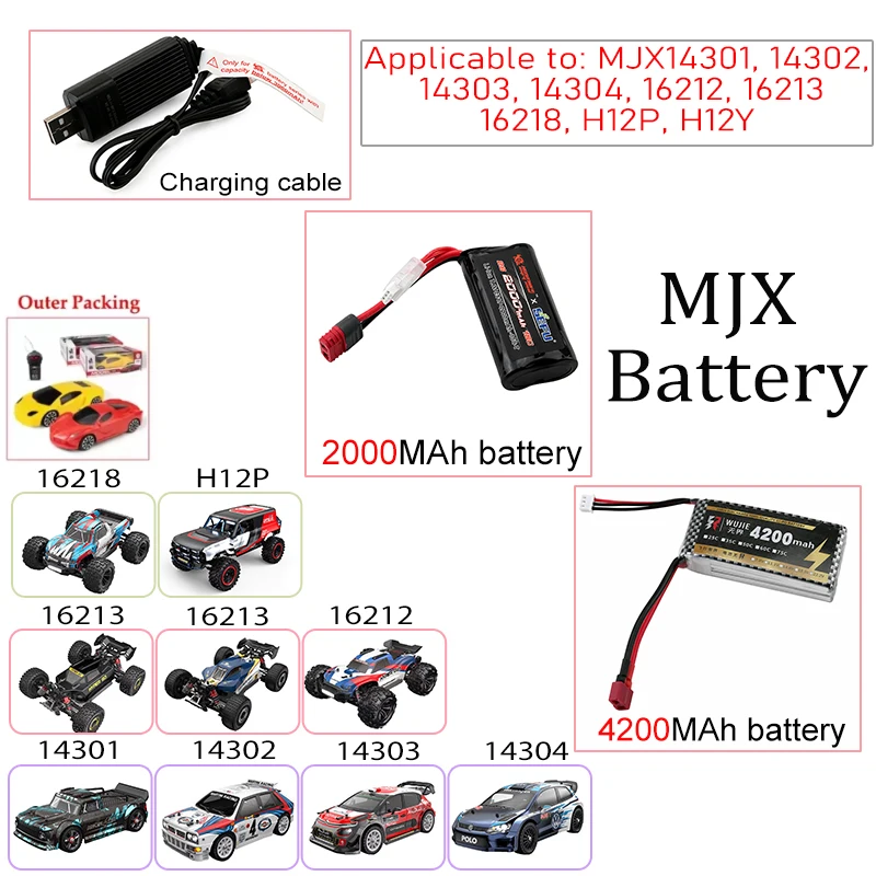 The MJX Battery Is Applicable To: 14301, 14302, 14303, 14304, 16212, 16213, 16218, H12P, H12Y. 2000MAH-4200MAH