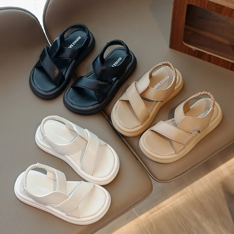 

2025 Summer Kids Beach Shoes Children Soft Leather Sandals Simple Style Unisex Boys Girls Casual Sport Sandals 26-35