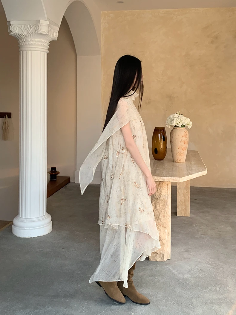 CHEERART Embroidery Floral Summer Tulle Dress For Woman Beige Sleeveless Long Loose See Through Flowy Dress Designer Fashion - view 3
