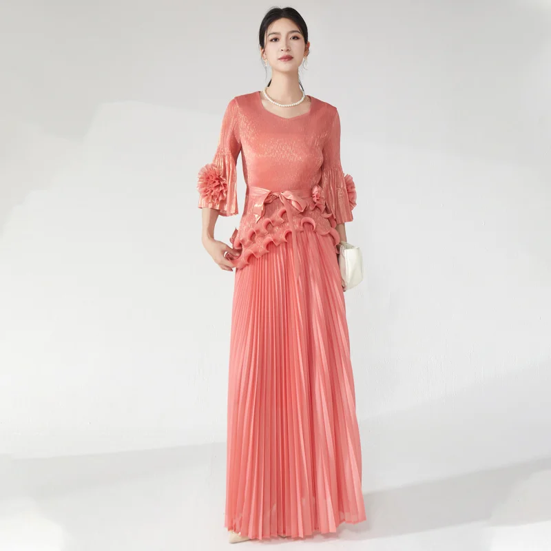 

MIYAKE Wrinkle long design with flared sleeves lace up and drape pleated and elegant dress [25227zsj--90017]