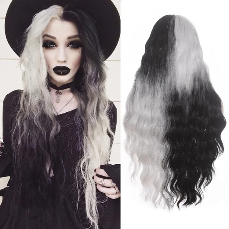 

Halloween chemical fiber universal gradient black and white wig headgear female long curly hair big waves