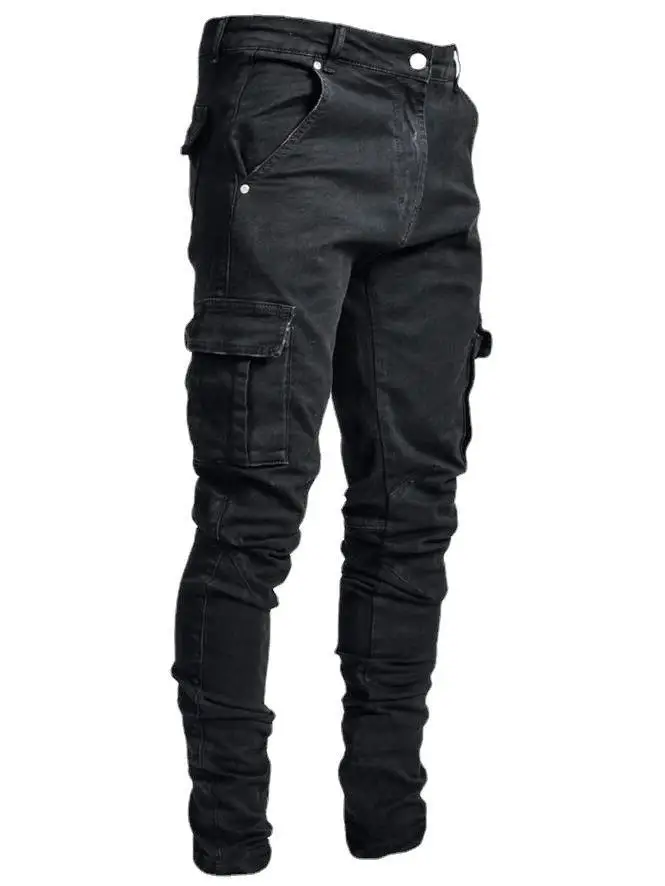High Elastici Slim Fit Men's Jeans mid Waist Long Trousers Casual Multi ket Zipper Fly Water Waed Denim Pants