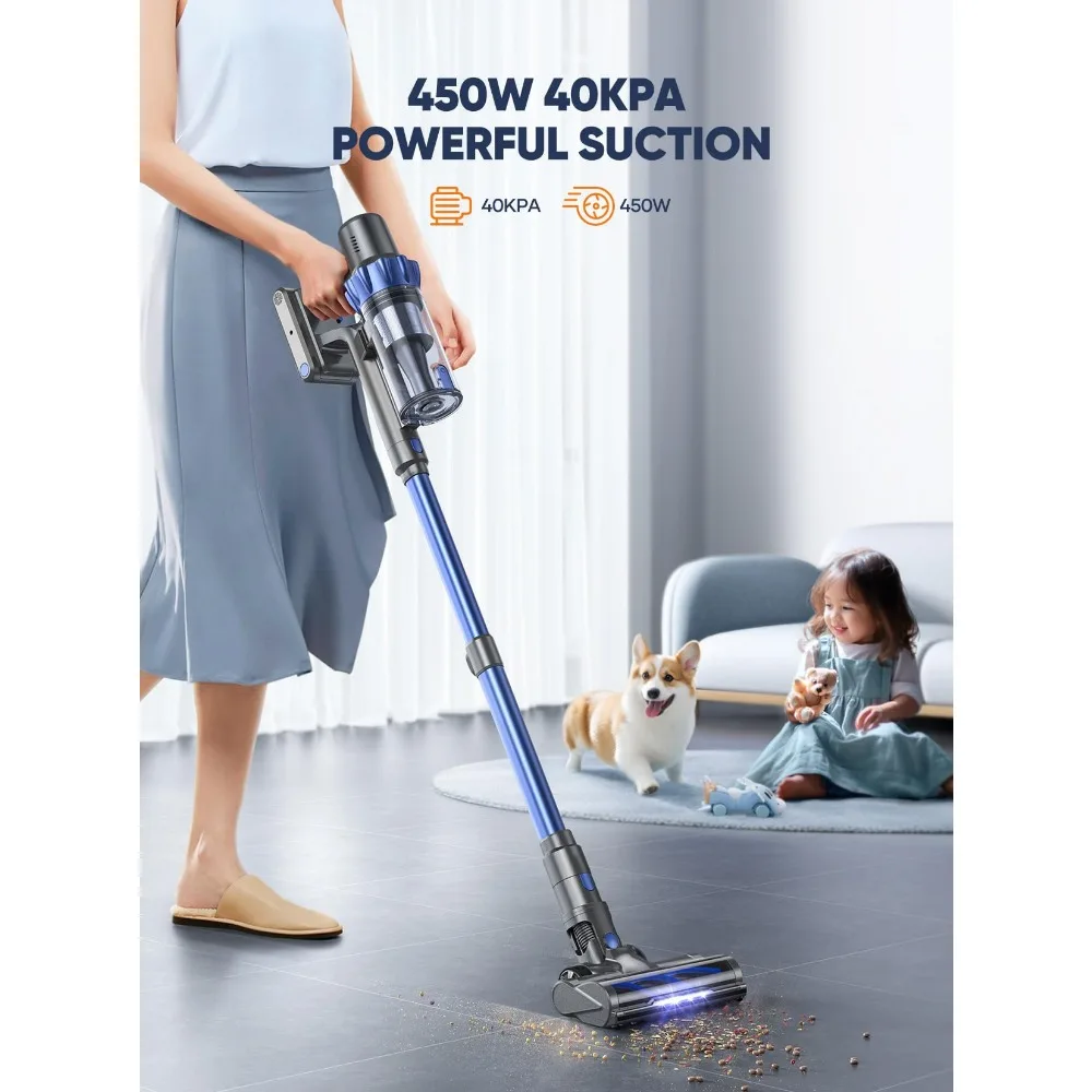 Cordless Vacuum Cleaner, 40KPA 450W Vacuum Cleaners, Stick Vacuum with Color Touch Display, Intelligent Auto Mode, Up to 55Mins