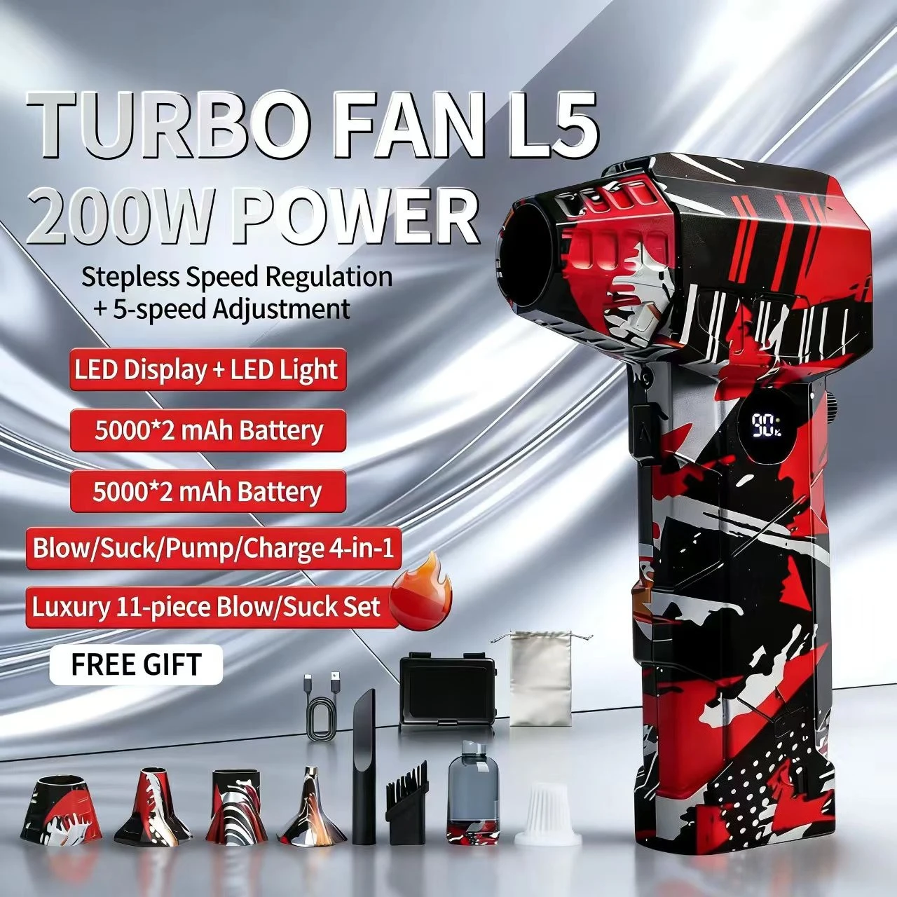 

Turbo Fan L5 200W Power Fan Stepless Speed 4 in 1 Air Blower Vacuum