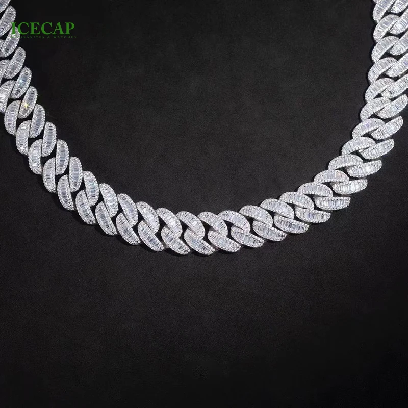 2023 Fine Jewelry Hiphop Men 925 Sterling Silver Vvs Moissanite Necklace Baguette Diamonds 20mm Iced Out Cuban Link Chain