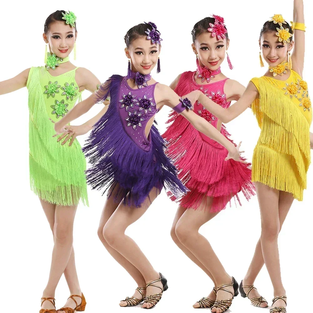 Dresses Girls Gymnastics Party Dancing Dress Stage Outfits Wear Dancewear Sequins Tassels Kids Competition Latin Costumes Dance