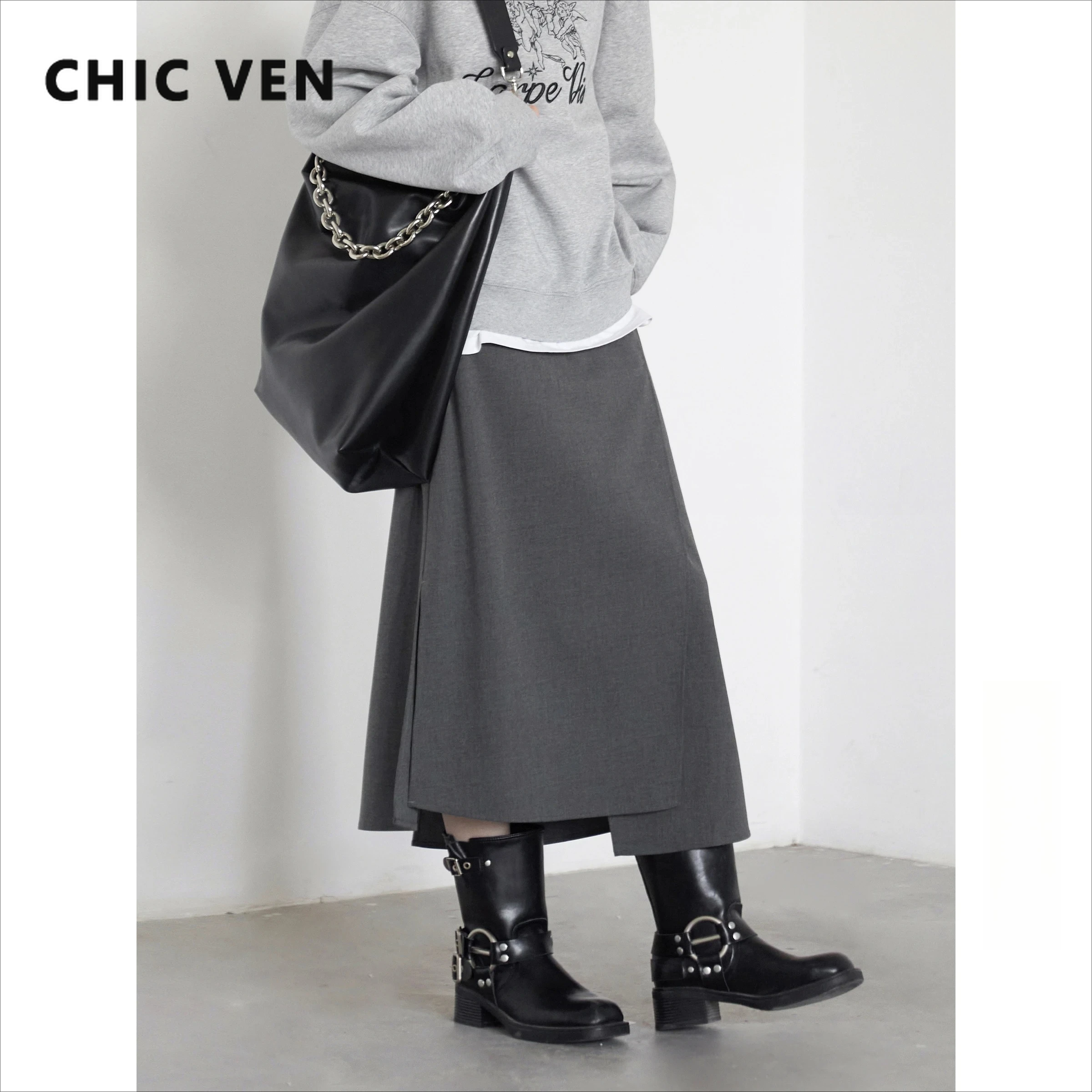 

CHIC VEN New Women Skirts Loose Casual Solid Straight Tube Design Irregular Slit Female Skirt Ladies Clothes Spring Autumn 2025
