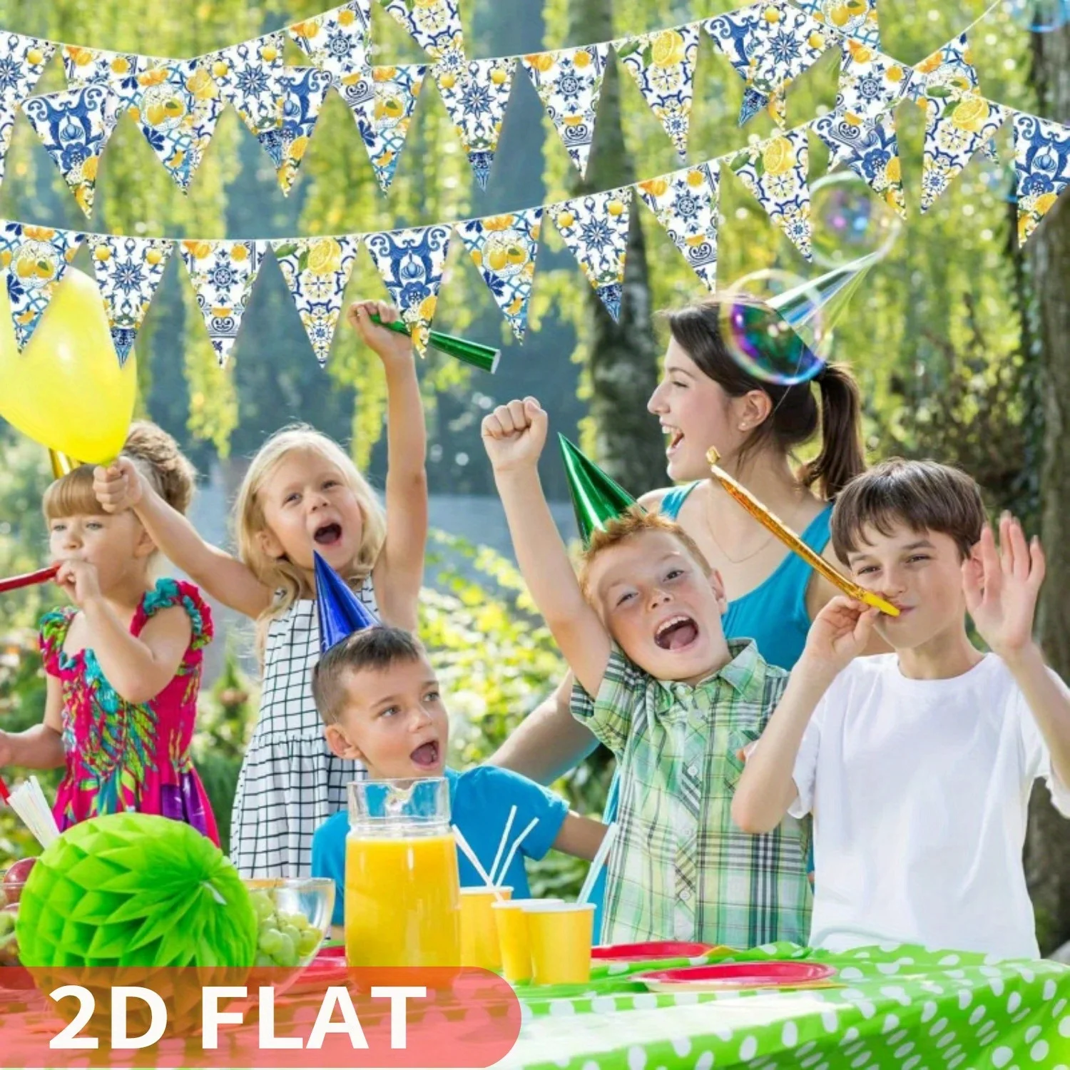 12pcs Blue Tiles Lemon Bunting Banners, Party banner Pennant Flags, Hanging Triangle Flags for Wedding Birthday Party Decor
