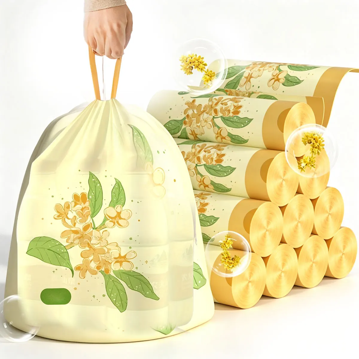 200Pcs Heavy-Duty Large Drawstring Trash Bags with Osmanthus Fragrance – Scented Kitchen Garbage Bags, Versatile for Office, ZSY