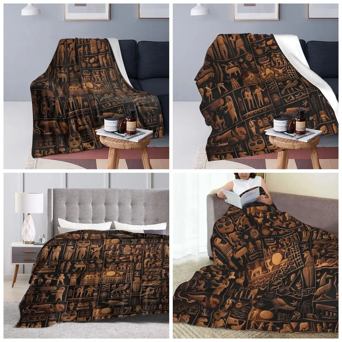Ancient Sumerian Pictographs Of Olden Rituals And People Blanket Soft Warm Flannel Throw Blanket Plush for Bed Travel Home Couch
