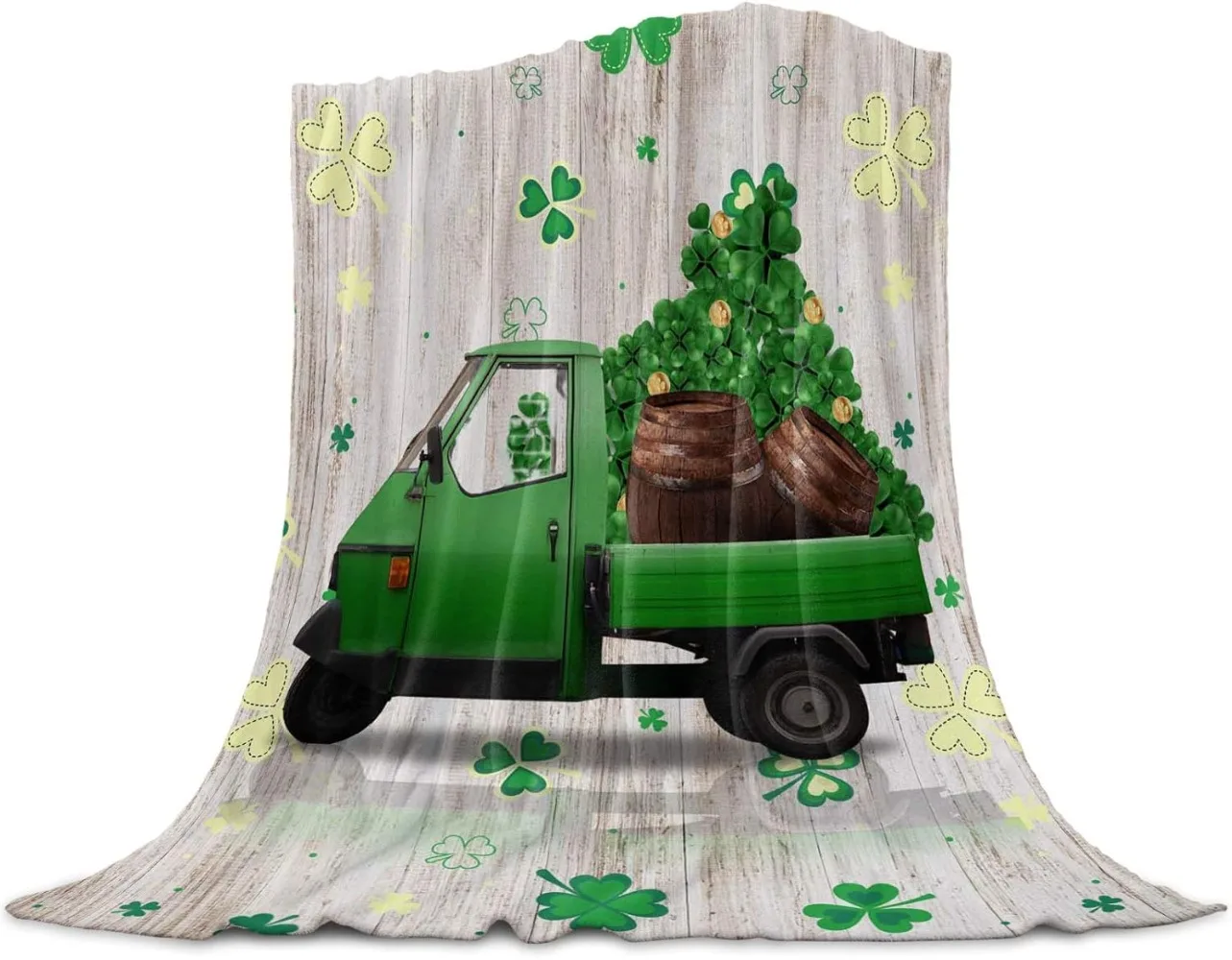 St. Patrick's Day Blanket Spring Holiday Decorations Shamrock Gold Coin Wood Grain Lightweight Throws for Couch Bed Sofa