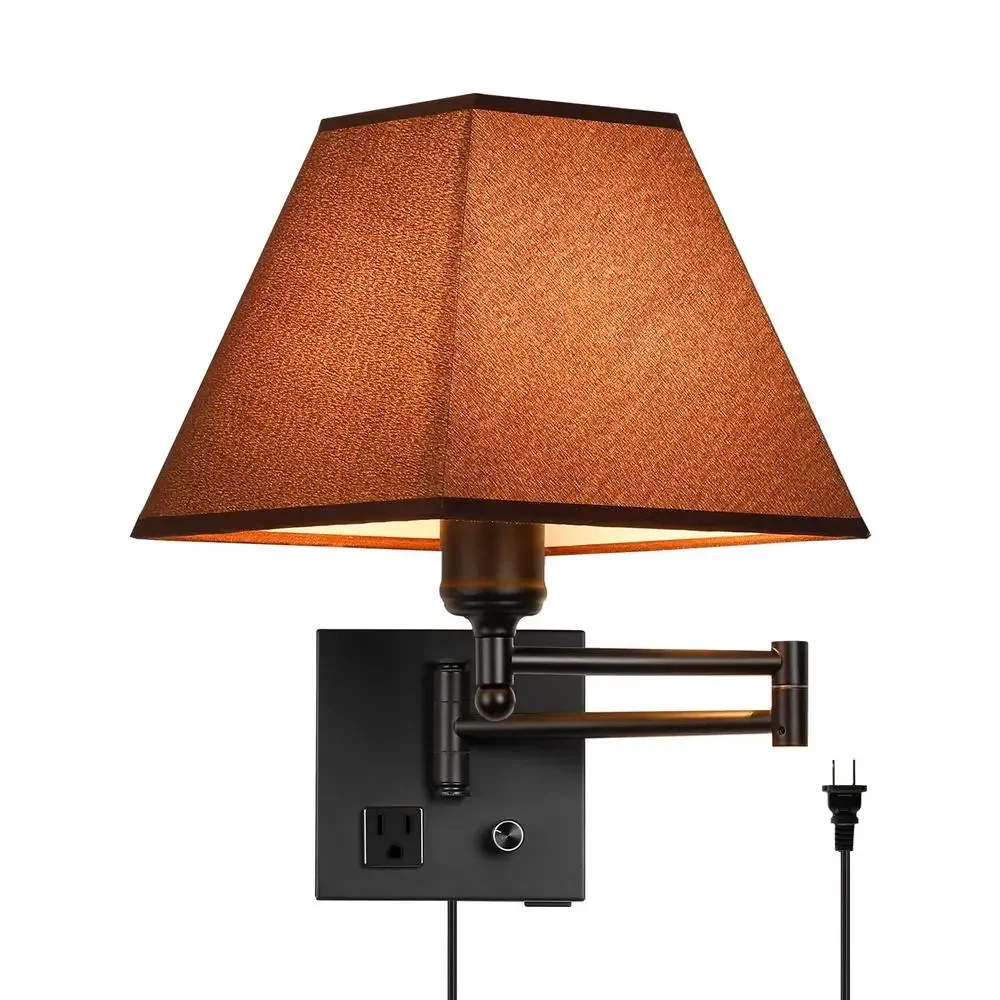 Swing Arm Wall Lamp Plug in Sconce with USB Port AC Outlet Dimmable Bedside Lighting Coffee Fabric Shade Ideal Bedroom Living