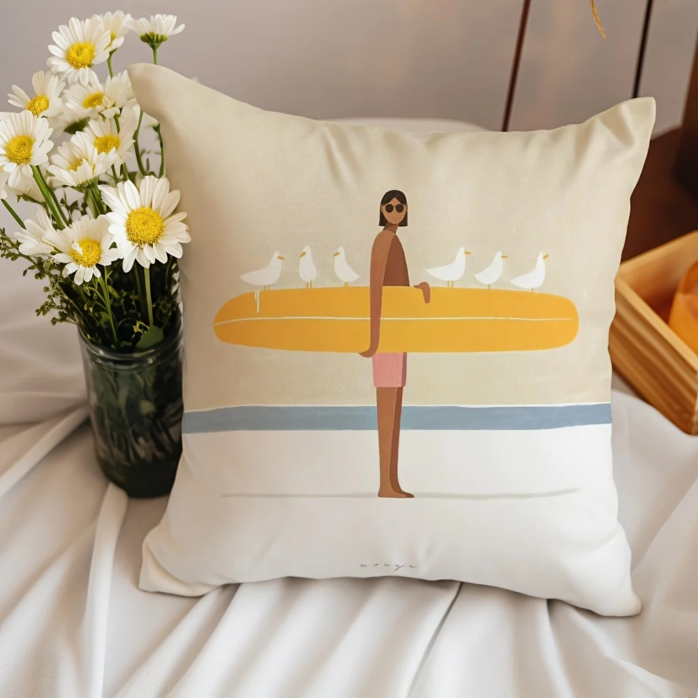 Minimalist Surfer Cushion Cover Beach Art Pillow Case with Seagulls on Surfboard Modern Home Decor for Living Room