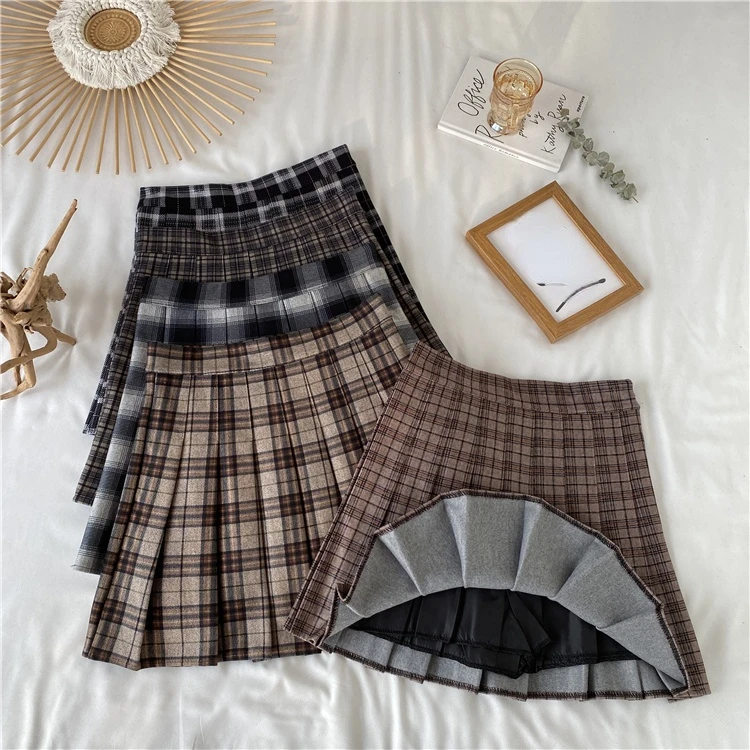 Pleated Short Skirt Women Retro Plaid Coffee Pleated High Waist Skirt Summer Dress Women 2023 New Fashion A-line Skirt