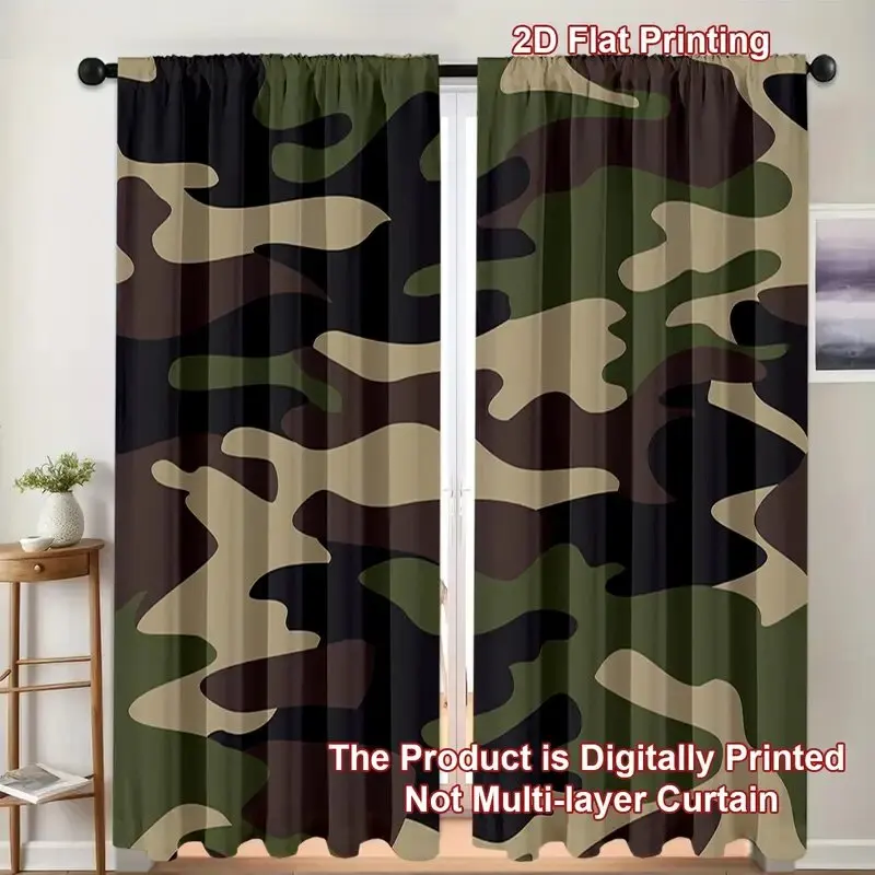 2pcs- Military green camouflage pattern Christmas print curtains, pole bag curtains, home decoration, room decoration, 30*65
