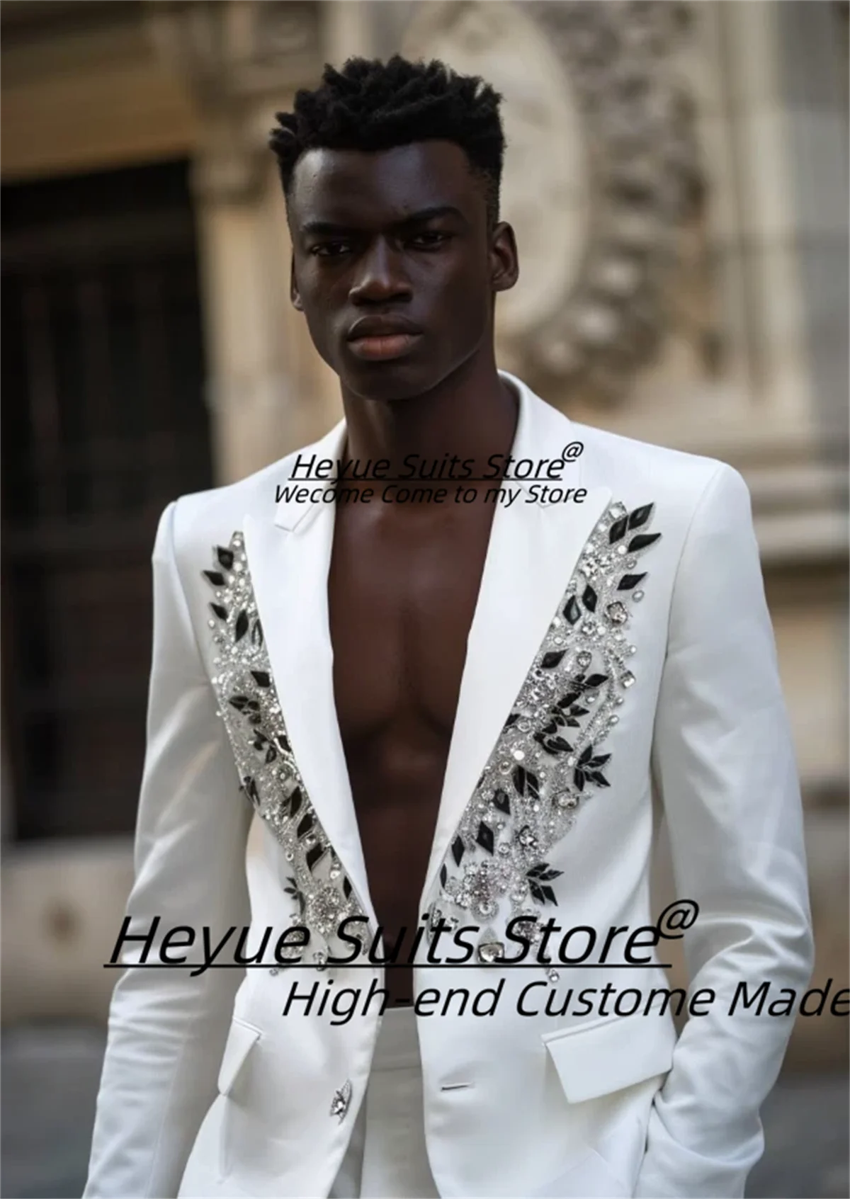 

Customized Shiny Beading Appliques Men Suit Luxuious Wedding Groom Tuxedos Fashion Peak Lapel Male Prom Blazers Costume Homme