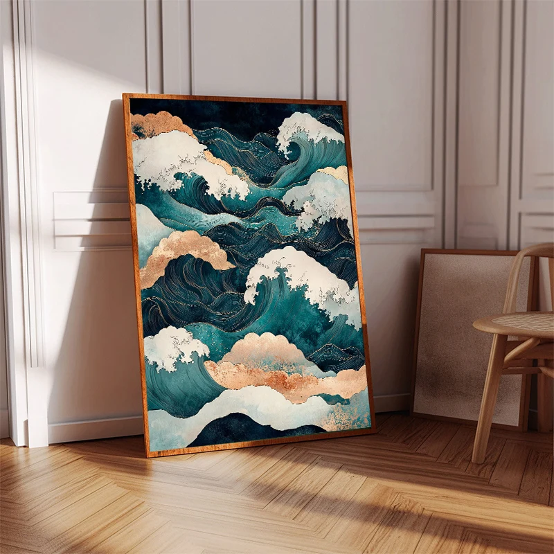 1PC frameless decorative art print,1pc frameless Japanese Waterfall Hokusai Ukiyo-e Blue Green Landscape Poster Canvas Printing