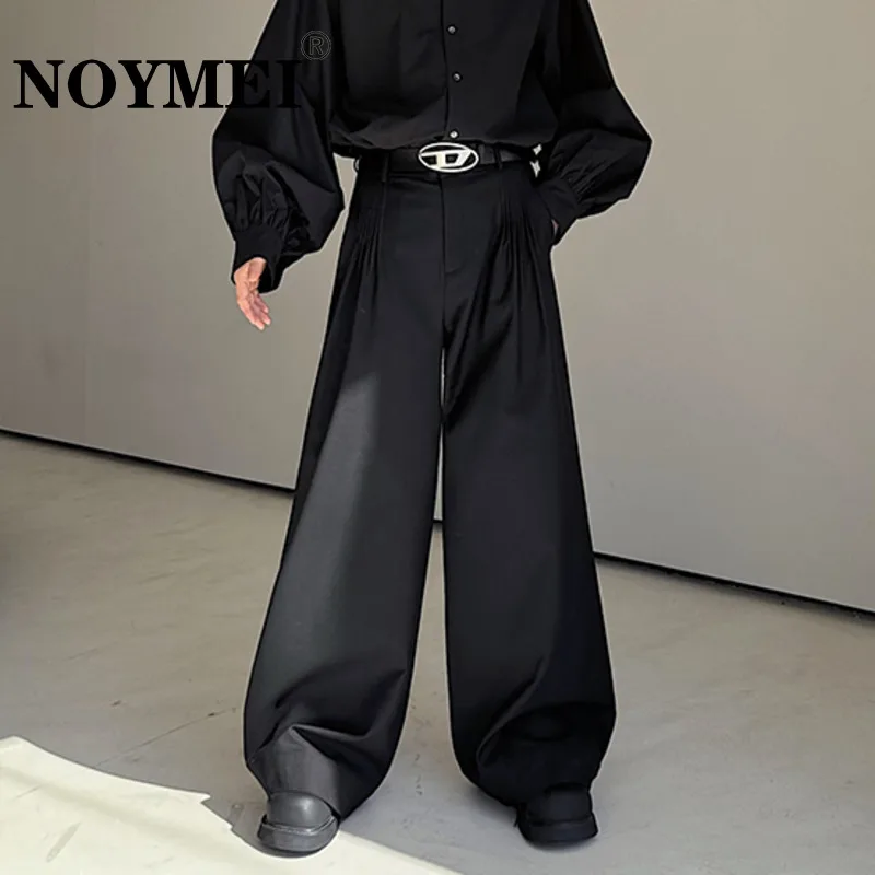 NOYMEI Personalized Pleats All-match Black Wide Leg Casual Pants Adjustable Suit Trousers 2024 Spring Design Men WA4107