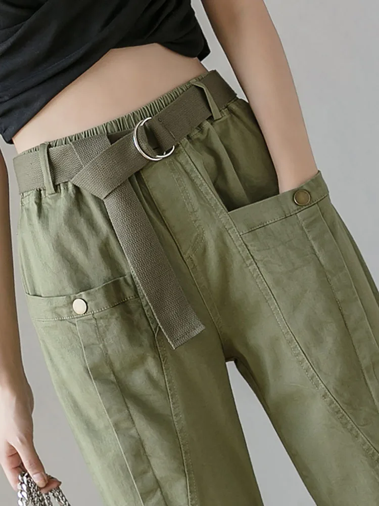 

Elastic Waist Sashes Cargo Pants Women Big Pocket Army Green Casual Pants Female Fashion Solid Color Sweatpants Mujer