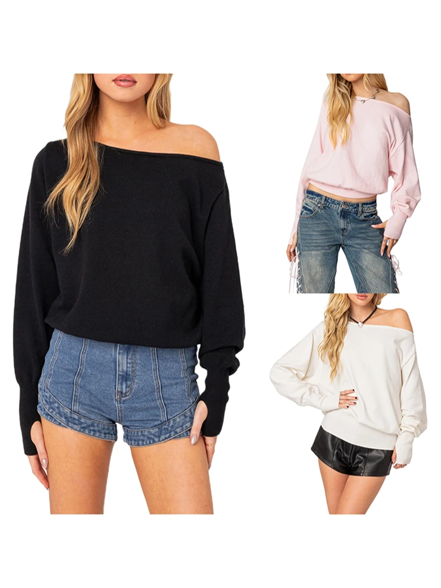 

Elegant Women s Off Shoulder Sweaters Stylish Long Sleeve Knit Pullover with Solid Color Design Comfortable Loose Fit Tops