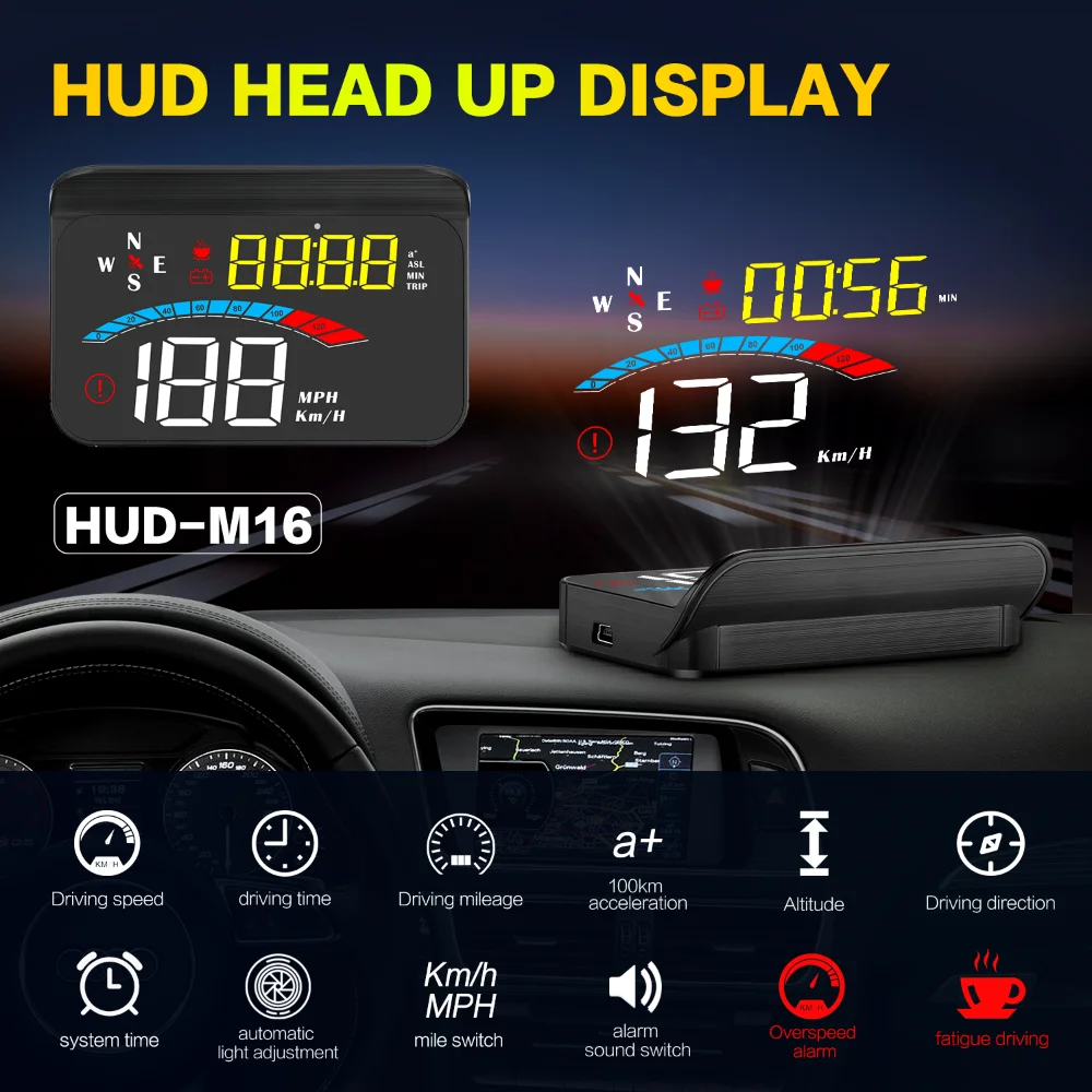 

HUD M16 GPS Car Head Up Display Speedometer KM/H MPH Overspeed Alarm Altitude Driving Fatigue Auto Accessories For All Cars