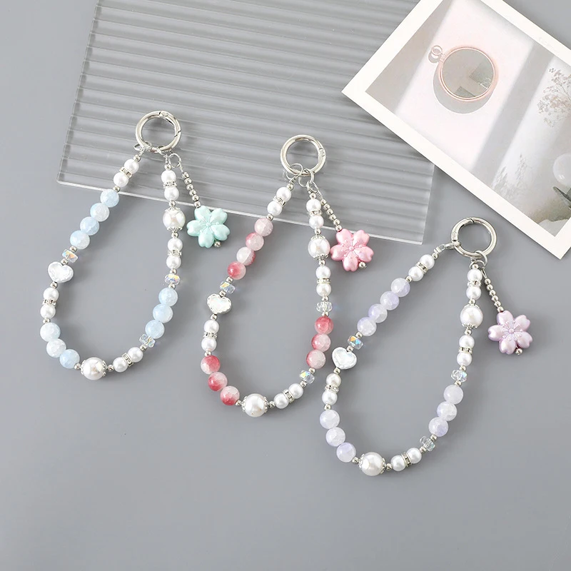 

Pearl Crack Bead Pendant Keychain Pearl Love Heart Flower Beaded Mobile Phone Chain Anti-Lost Keyring Backpack Charms Decor Gift