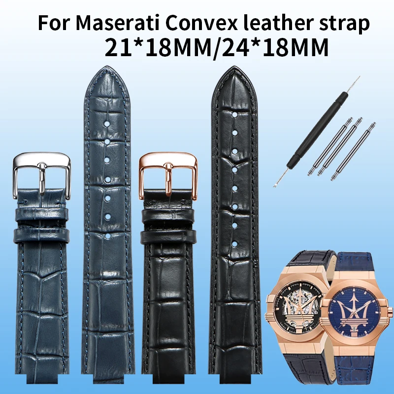 Correa de piel convexa para Maserati Trident R 8821108039 R. 8821108038 21x18mm 24x18mm negro azul marrón Pulsera de hombre
