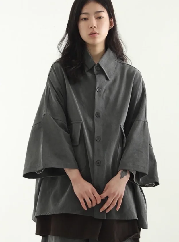 

Waed Vintage Oversize Pigmented ket f irt ort Sve Collar Cotton 00% Pure Color Women's Busin Casual S...