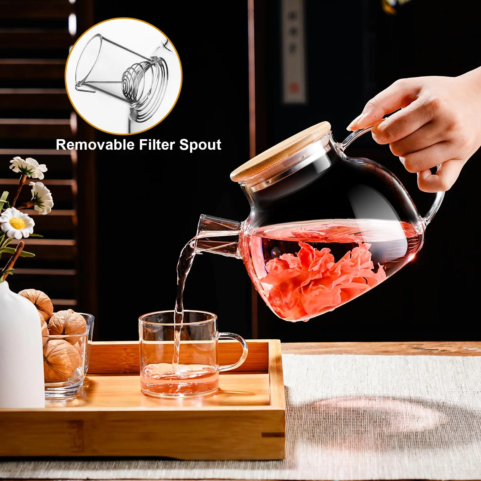 Glass Teapot,Home Stovetop Coffee Kettle,1L Heatproof Borosilicate Glass,With Bamboo Lid Removable Filter Spout,for Lemonade