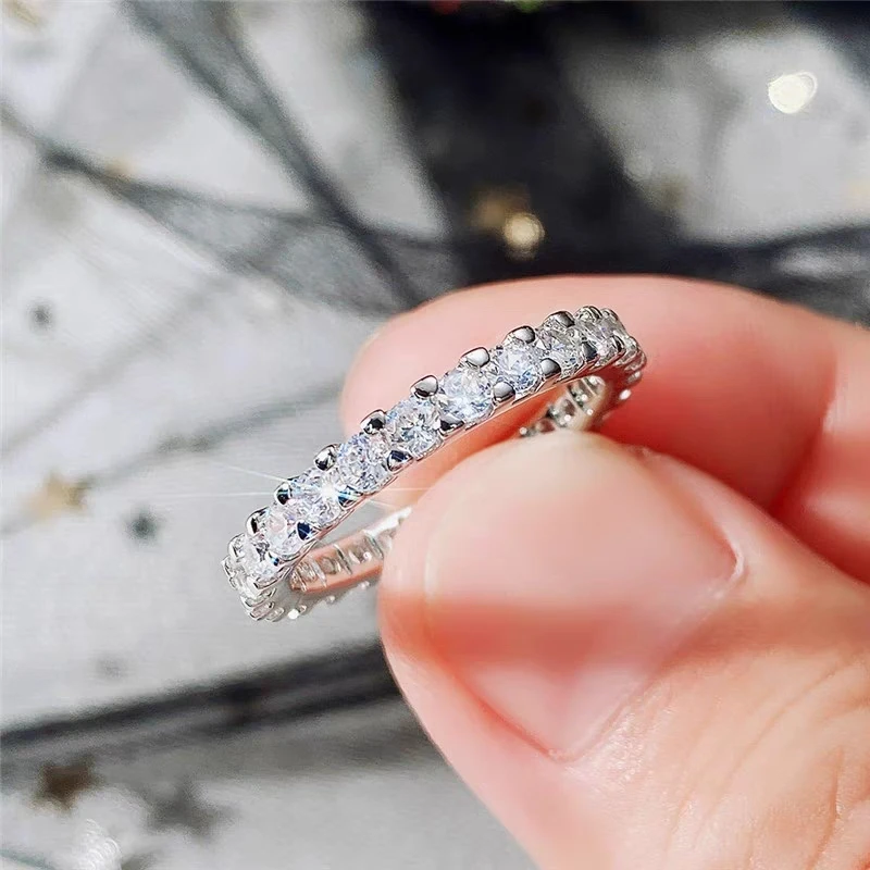 Luxury 925 Sterling Silver Classic Stackable Finger Ring for Women Sparkling Clear Cubic Zirconia Ring Wedding Statement Jewelry