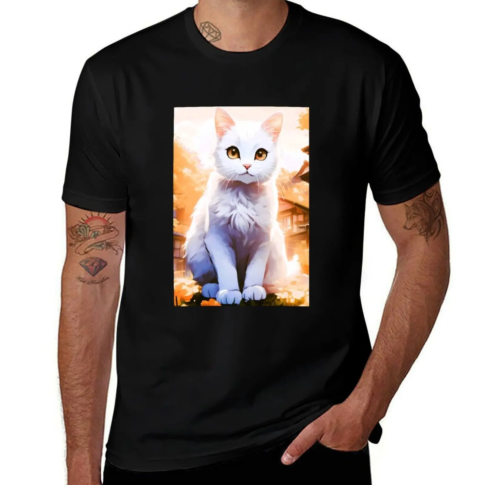 

young white cat sitting T-Shirt summer shirt sports fans graphic t shirts men clothes