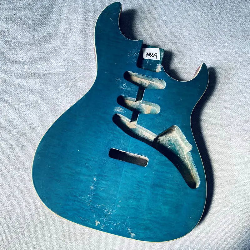 

EB507 Transparent Blue Flamed Maple+Solid ASH FOR ST Guitar Body right Hand Unfinished Replace Parts with Damages for DIY