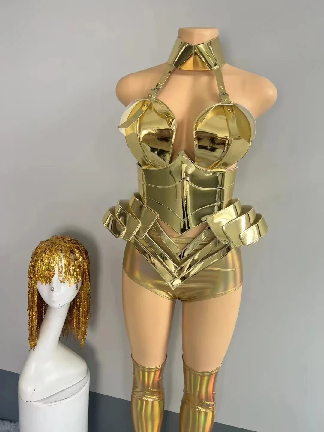 Gold Laser Leather Bodysuit Top Short Leg Cover Tassel Wigs Bar Rave DancerSinger Stage Wear Cosplay Drag Queen Sexy Costume