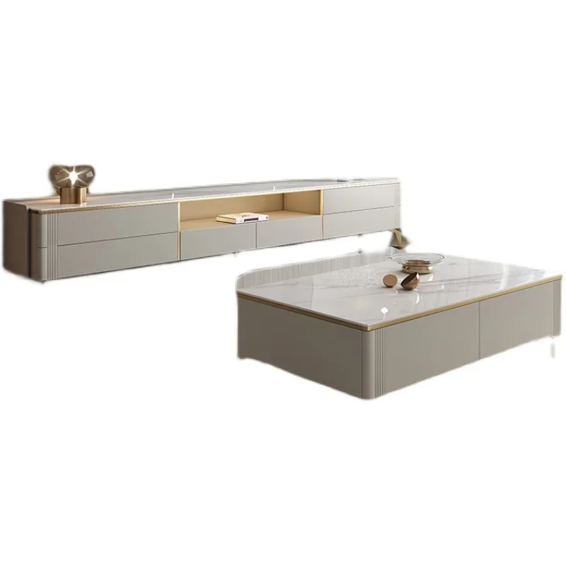 

Light luxury rock slab TV cabinet coffee table combination simple modern small apartment super long paint solid wood