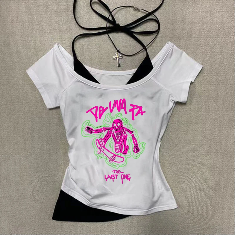 

Summer hip-hop street women's halter strapless T-shirt retro style Harajuku aesthetic print Slim short-sleeved top Y2k clothing