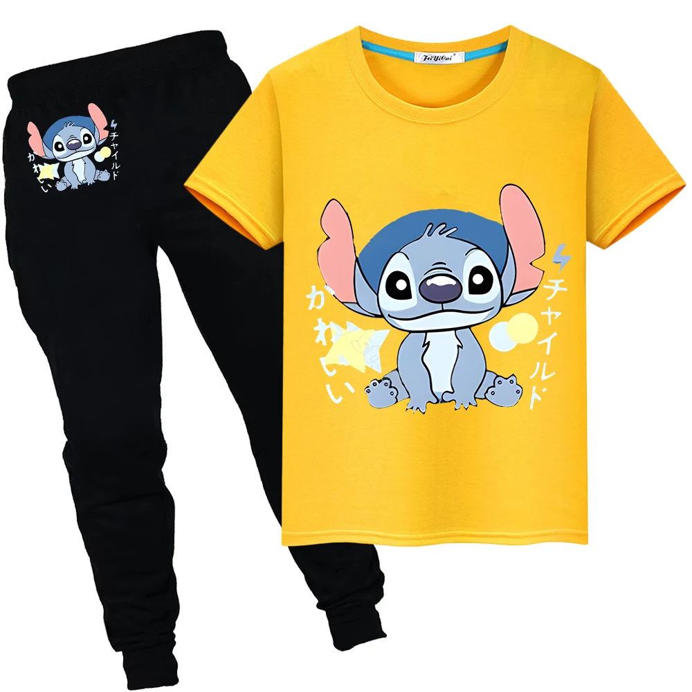 Stitch Disney 100%Cotton T-shirt boys girls Summer Sports Sets disney Print Kawaii Tees Short+pant Cute Tshirts kid holiday gift