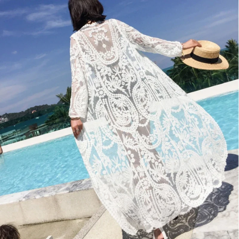 2024 Dress Beach White Lace Summer Maxi Dress Women Long Sleeve Beach Cover Up Sexy See Through Boho Bikini Beachwear Cover-ups