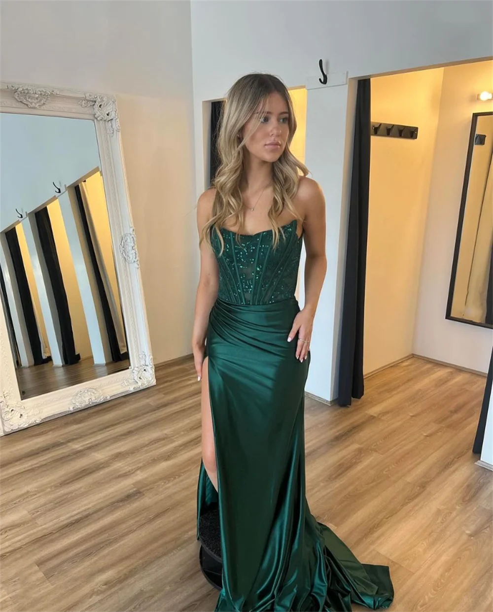 Jessica-Robe de mariée en dentelle verte, robes de Rhbrodées à paillettes, sirène sexy à épaules dénudées, robe formelle élégante, robe éducative