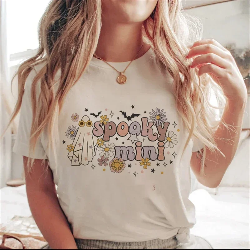 Harajuku Fun Halloween Cartoon Pumpkin Print T Shirt Women White Loose 90s Girls Short Sleeve Plus Size T Shirt Women Streetwear