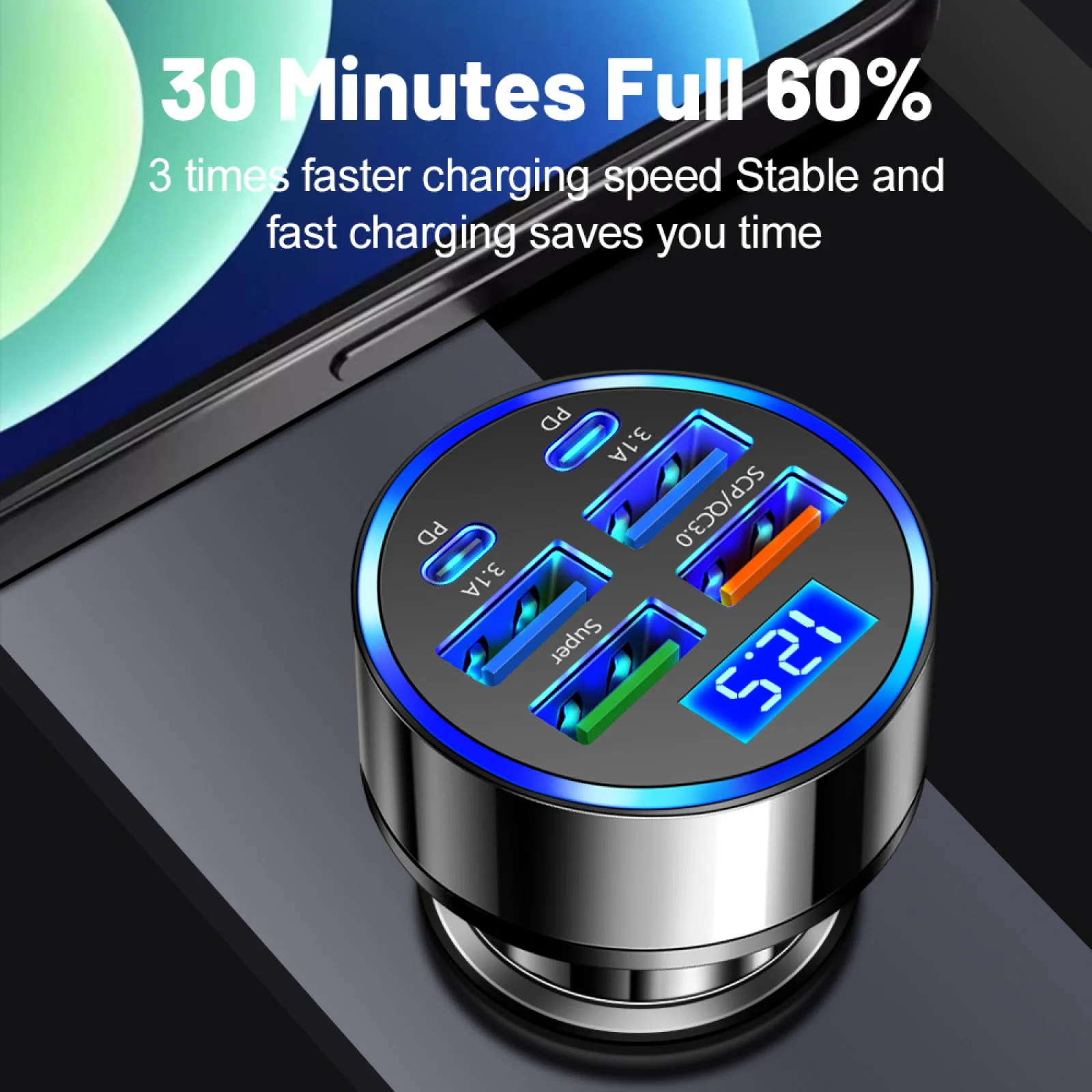 100W 6 Port Car Fast Charger Adapter PD QC3.0 USB C Car Phone Charger Type C Adapter For IPhone Samsung Huawei Xiaomi Vivo OPPO