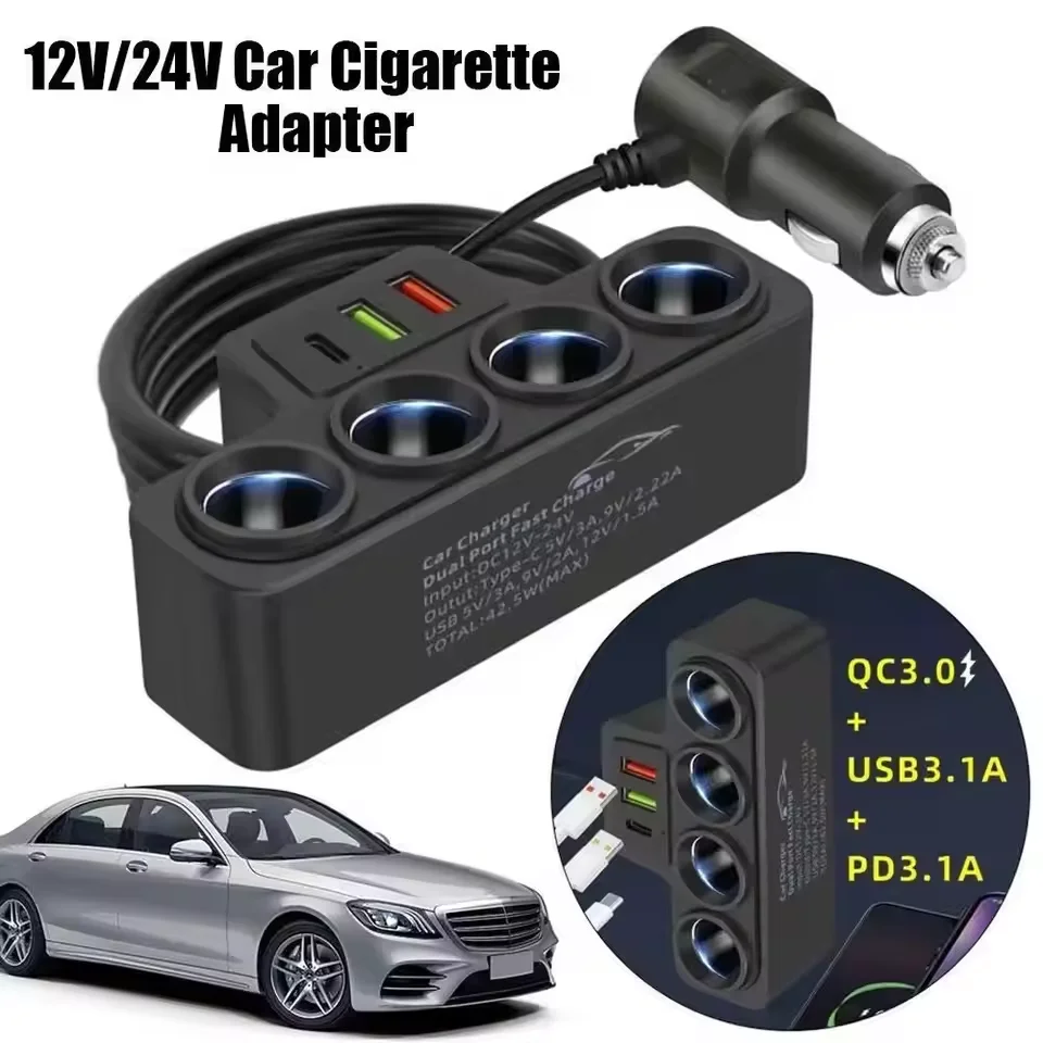 120W USB-C Multi-Port Auto-Handyladegerät Vierfach-Zigarettenanzünder-Adapter USB-Buchse Auto-Adapter Zubehör Schnellladebuchse