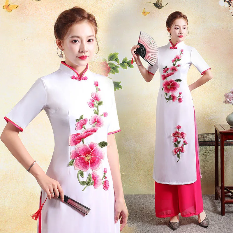 Women Vietnam Ao Dai Dress Mandarin Collar Flower Embroidery Chinese Traditional Banquet Evening Cheongsam